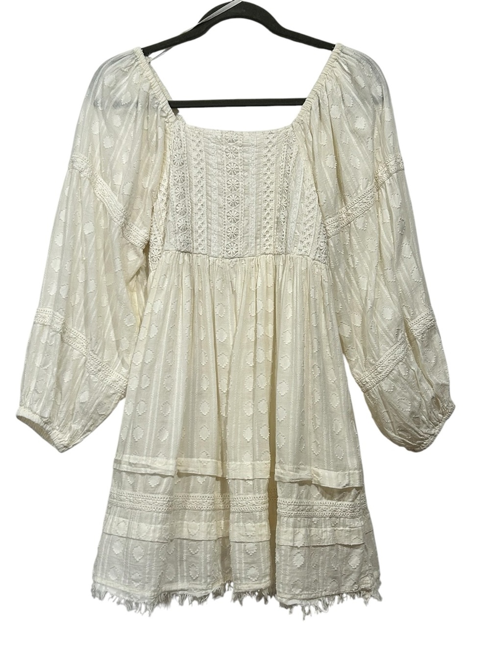 Boho Mini Dress Ivory Eyelet Lace Cotton Puff Sleeve Babydoll Prairie Smock S